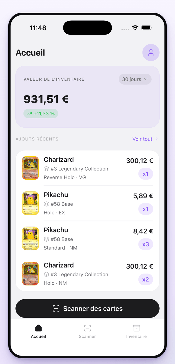 Écran d'accueil PepitaCards affichant la valeur de la collection